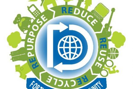 Recycling Extravaganza logo with recycle symbol, globe icon and the words repurpose, reduce, reuse and recycle for community recycling event in Overland Park Kansas @ Johnson County Community College