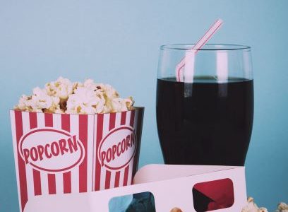 Movie popcorn, soda and 3-d glasses