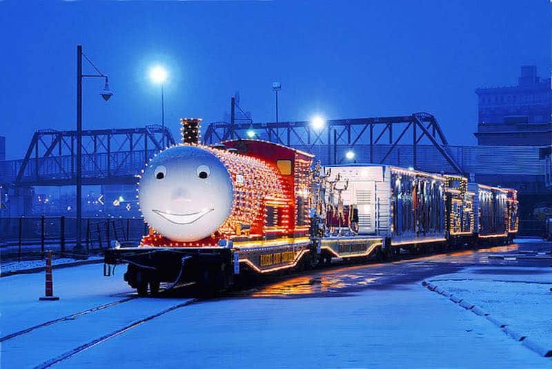 Union Station Kansas City - Kansas City Southern Holiday Express train lit up at night