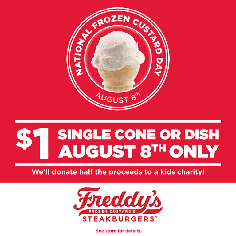 Freddy's National Custard Day offer for $1 single cone or dish on Aug. 8