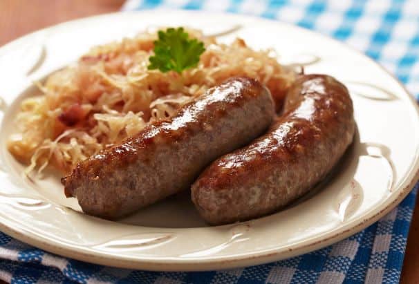 Concordia Fall Festival - grilled german sausages on a plate with sauerkraut