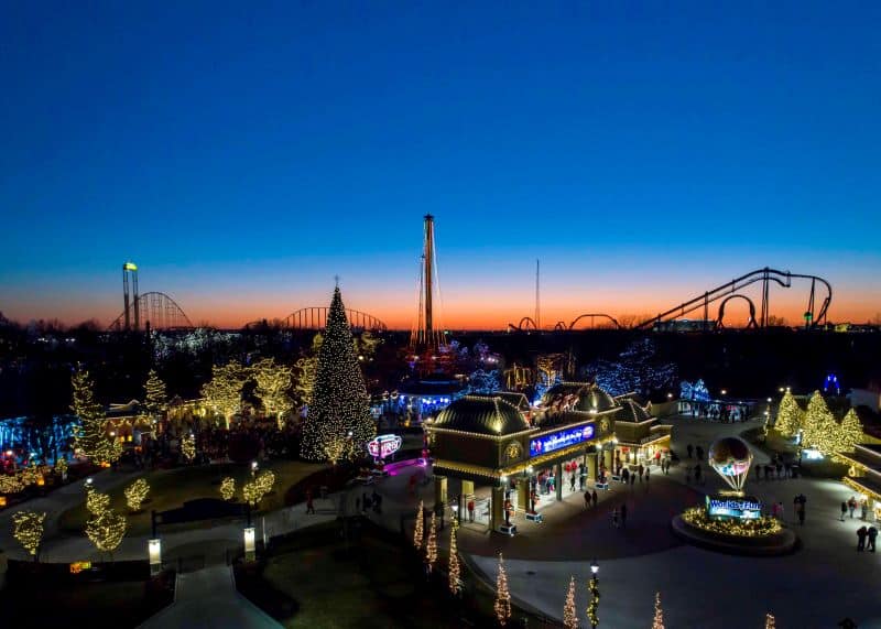 Worlds of Fun Winterfest - park lit up with Chrismas lights