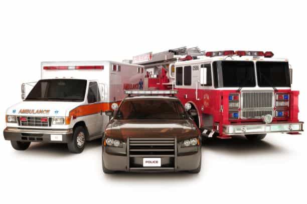 First responders - ambulance, police car and fire truck
