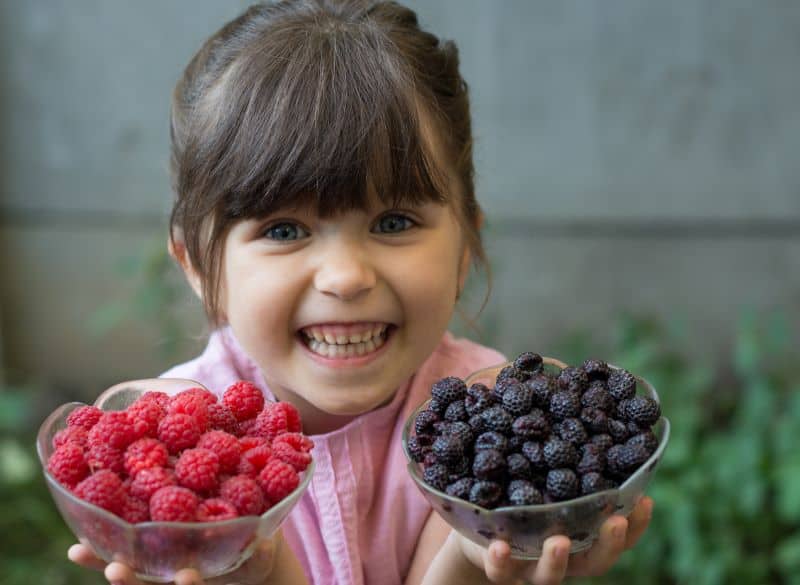 Kansas City u-pick berry patch - young girl holding two bowls of fresh-picked blueberries and raspberries