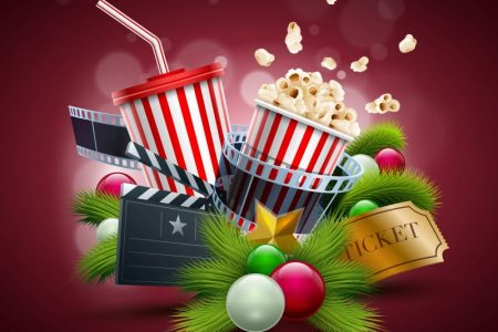 Classic Holiday Movies at Theaters in Kansas City - collage of holiday greenery and movie concessions
