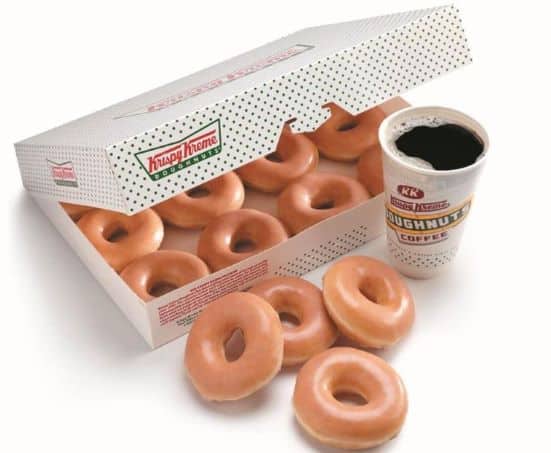 Kansas City Krispy Kreme - box of donuts and cup of coffee