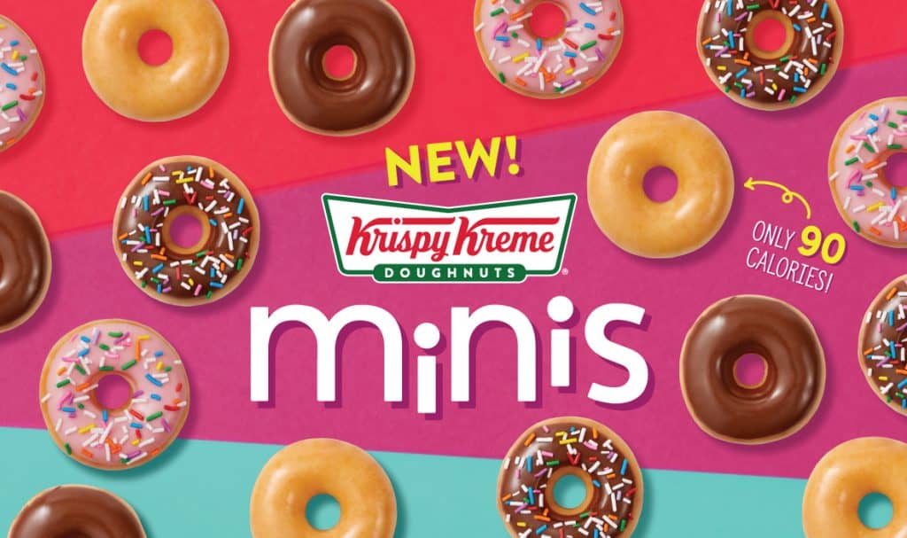 Free Krispy Kreme donut - display of various Krispy Kreme mini donuts