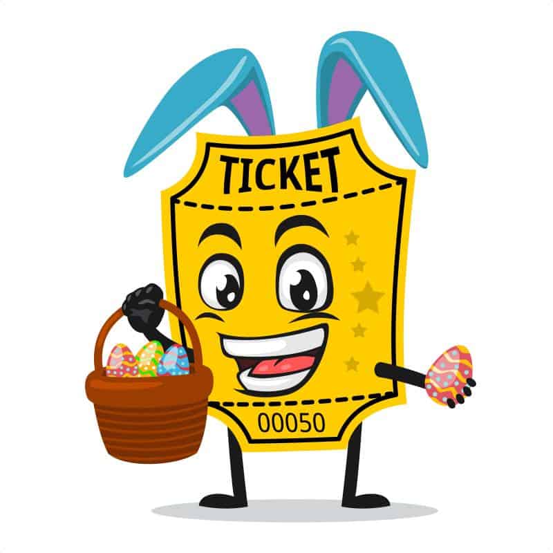 Movie ticket cartoon with an Easter basket and bunny ears