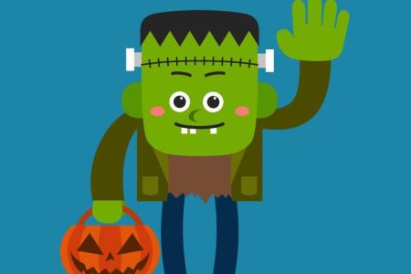 Frankenstein holding Halloween pumpkin