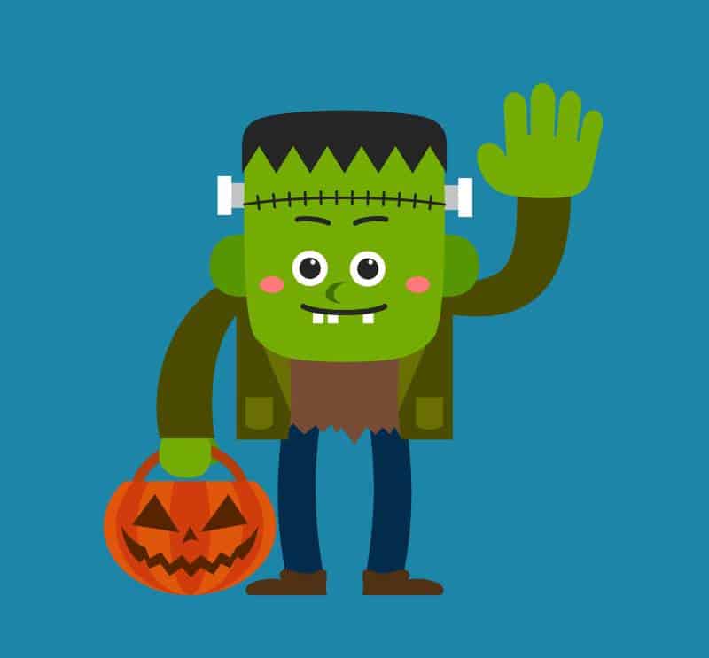 Frankenstein holding Halloween pumpkin
