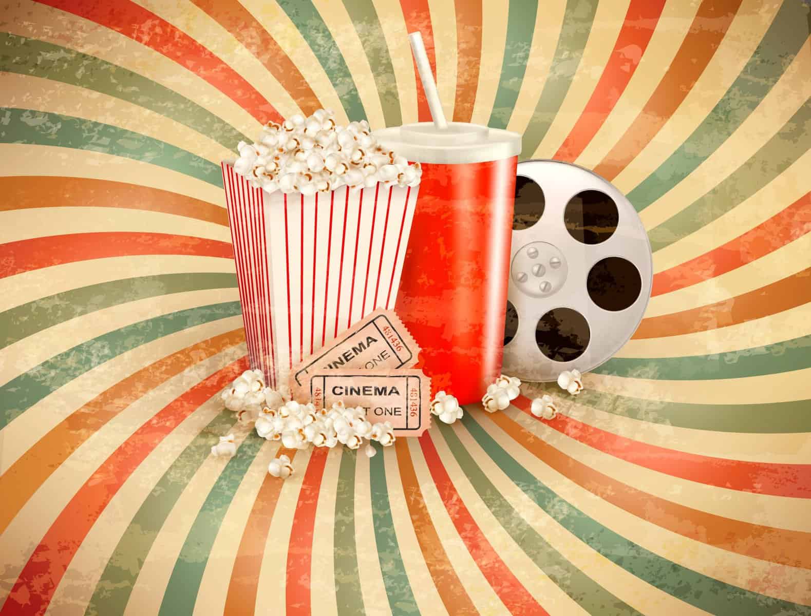 Movie popcorn, drink and film reel