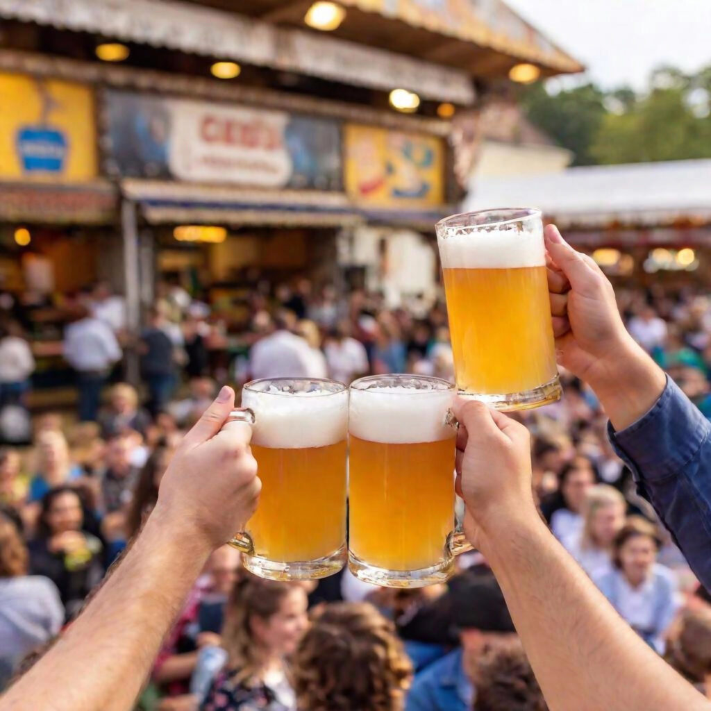 beers being held up in the air - deposit photos