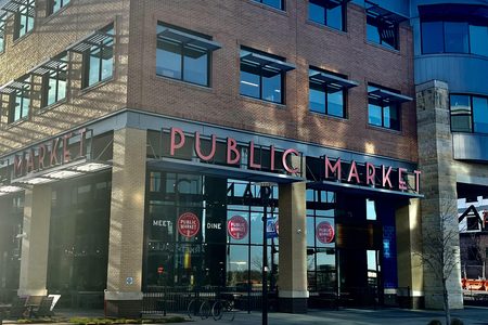 Lenexa Public Market building exterior at Lenexa City Center in Kansas with modern brick architecture