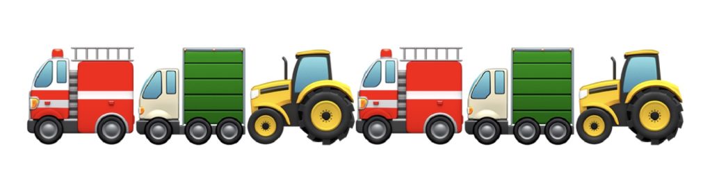 Illustration border featuring fire truck, cargo truck, and tractor graphics, perfect for kids vehicle event pages, truck-themed family activities, and construction or big rig event content at Theatre in the Park @ Shawnee Mission Park